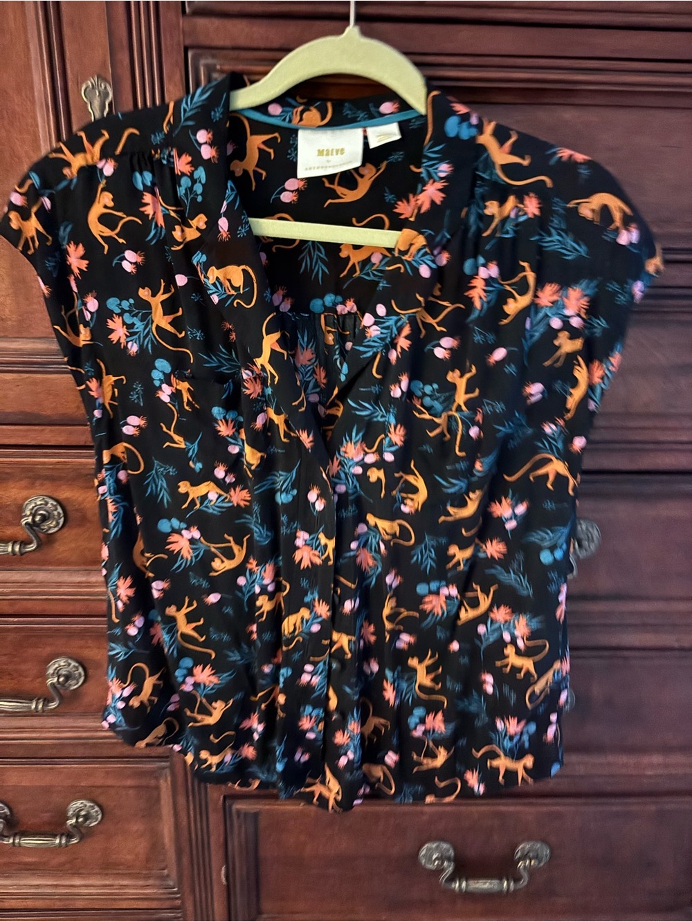 Maeve Black Cap-Sleeve Blouse with Orange & Pink Jungle Motif